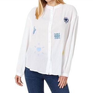 Elliott Lauren Evil Eye‎ White Button-Up Blouse with Blue Embroidery Women’s M